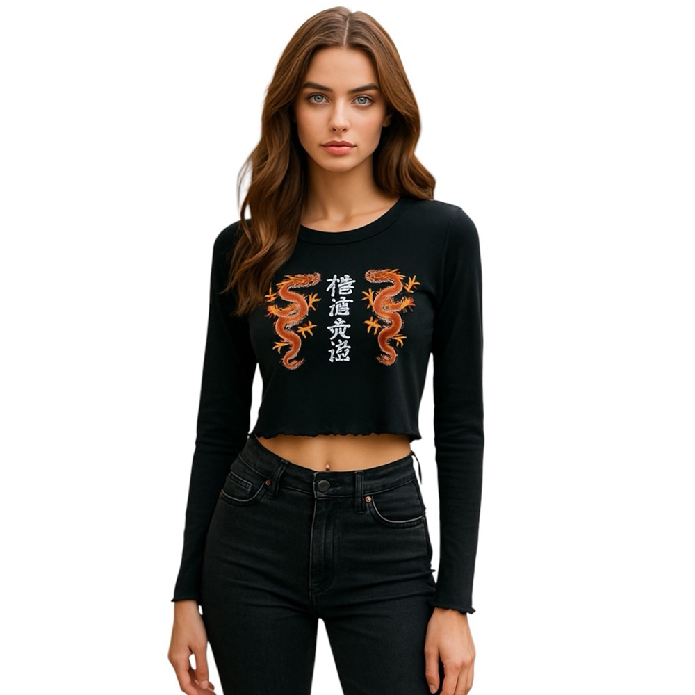 UO Urban Outfitters Dragon Print Long Sleeve Crop Top Womens XL Black Streetwear